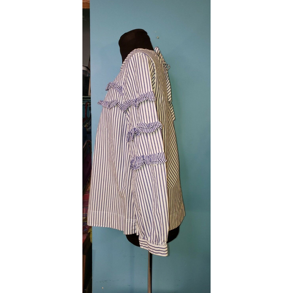 J CREW Blue Sz 8 TIERED TOP IN MIXED STRIPES Ruffle Blouse Style Prairie Cottage - Picture 2 of 12